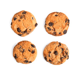 Tasty chocolate chips cookies on white background