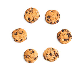Tasty chocolate chips cookies on white background