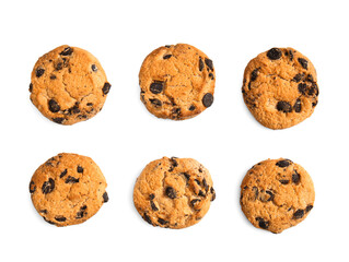 Tasty chocolate chips cookies on white background