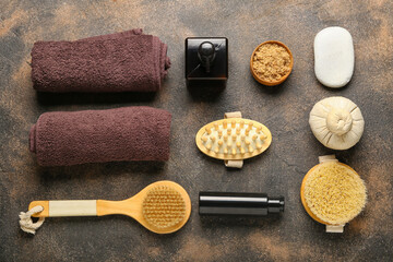 Composition with cosmetics and spa accessories on grunge background
