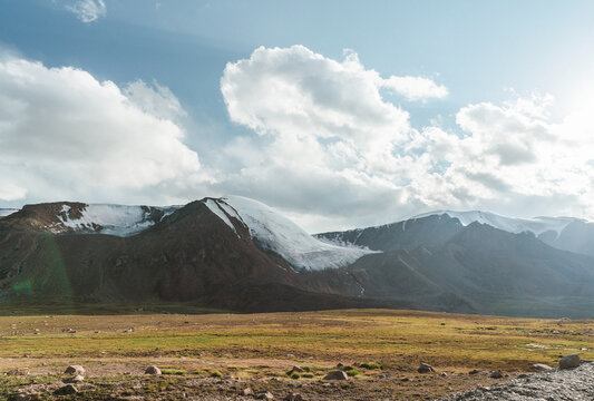 Scenic view of snowcapped  mountains in Kyrgyzstan 