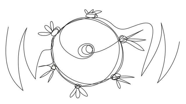 Self-drawing of a tambourine in one line on a white background. 4k hand drum animation with alpha channel. Stock video of a simple percussion instrument.