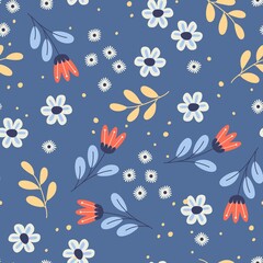 Fototapeta na wymiar Cute seamless pattern in small colorful flowers. Trendy floral design. Blooming meadow Vector background.