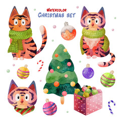 Fototapeta premium Watercolor Christmas set with tigers and holiday elements