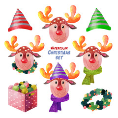 Watercolor Christmas set with cute deer and holiday elements