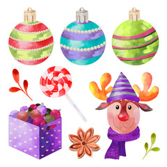 Watercolor Christmas set with cute deer and holiday elements