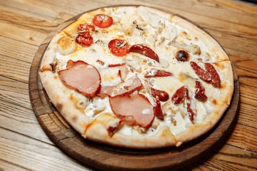 Pizza on wooden table top view. Fast food. Post blog social media. with copy space. Pizza ready to eat