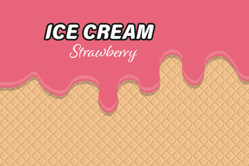 Melting strawberry ice cream with waffle background.