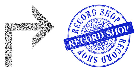 Turn right collage of triangle parts, and Record Shop rubber stamp. Blue stamp seal includes Record Shop caption inside round shape.