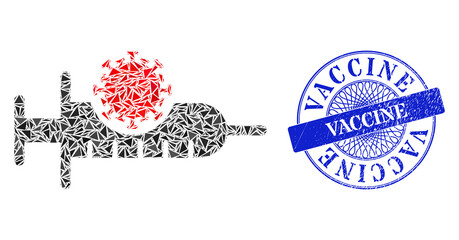 Virus vaccine mosaic of triangle items, and Vaccine rubber seal imitation. Blue stamp seal includes Vaccine tag inside round form. Vector virus vaccine mosaic is made of random triangle parts.