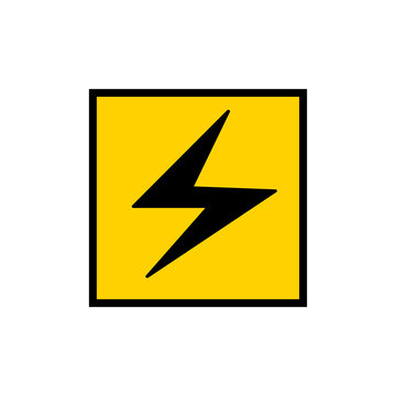 Electric power icon. Black symbol. Orange square. Warning sign. Nature background. Vector illustration. Stock image. 