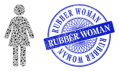 Woman collage of triangle, and Rubber Woman scratched stamp. Blue stamp contains Rubber Woman tag inside round form. Vector woman mosaic is organized of random triangle elements.