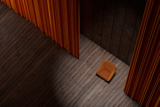 Isolated armchair in an interior between curtains