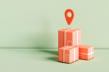 Cardboard boxes  with map pin on green background