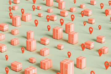 pink packages and map pins ready to be delivered