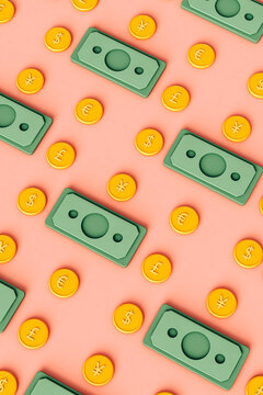 bird-eyes view of  coins and banknotes - a pattern