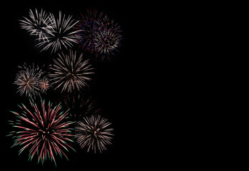 Fireworks isolated on black background with blank copy space, celebration background 
