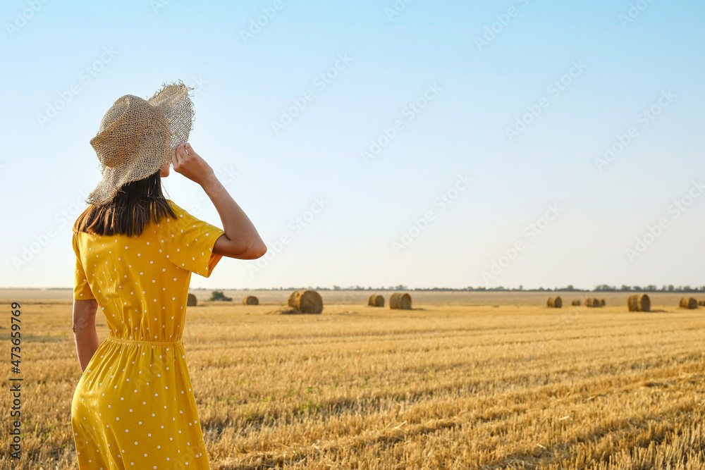 Wall mural Romantic young woman in hat on harvested field background