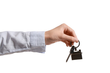 Obraz premium Real estate agent with key from house on white background