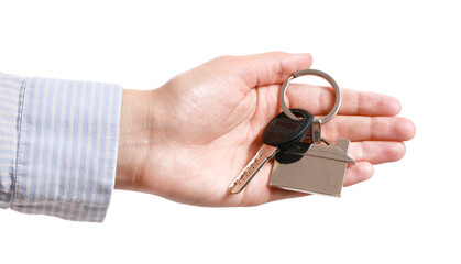 Real estate agent with key from house on white background