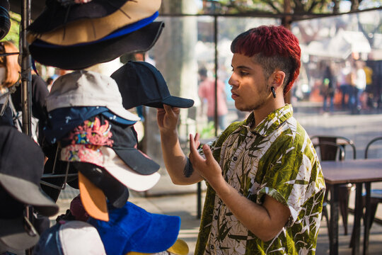 Shopping hats at the flea market