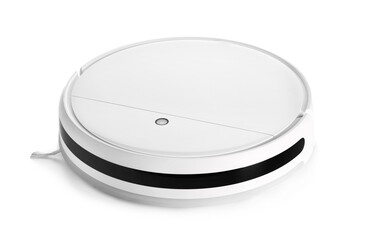 Modern robot vacuum cleaner on white background