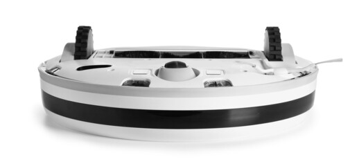 Modern robot vacuum cleaner on white background