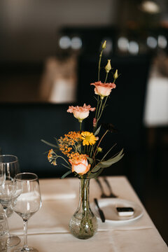 flowers on a restaurant table