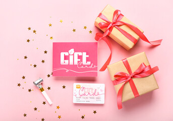 Gift card with present and whistle on color background