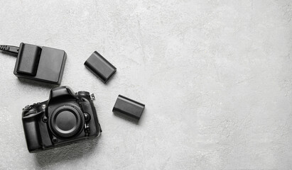 Top view of photo equipment on light background
