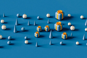 Xmas gifts, ornaments, and abstract shapes on blue 