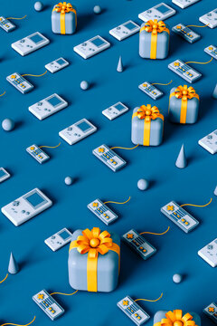 a pattern of wrapped presents and gaming objects