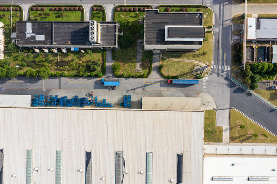 Aerial shot of a modern car factory