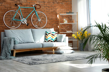 Studio apartment with bicycle and stylish sofa