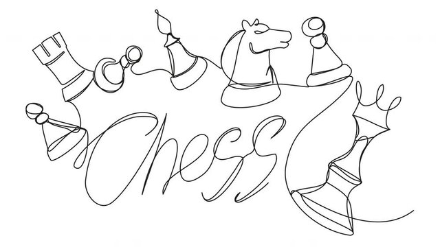 Self-drawing chess in one line on a white screen. Animation of scattered chess pieces. Lightboard video of a board strategy game for intellectuals. 4k with alpha channel. awns, horse, tour, officer.