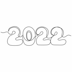 Vector abstract continuous one single simple line drawing icon of 2022 new year in silhouette sketch on white background.