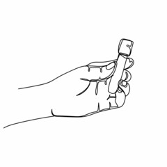 Vector abstract continuous one single simple line drawing icon of hand holding sample tube in silhouette sketch on white background.