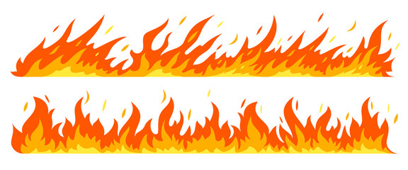 Fire border bonfire ignition flame blaze red flat set. Collection sign danger ignition object forest fires liquid. Drawing cartoon poster instruction example orange flammable icon isolated on white