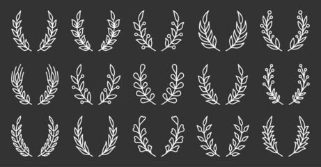Natural wreath leafy object winner white line set. Plant pattern award success. Heraldic vintage badge frame tattoo. Spring summer invitation card logo. Circular shape achievement isolated on black