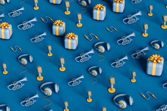 pattern of music tools and gifts on blue