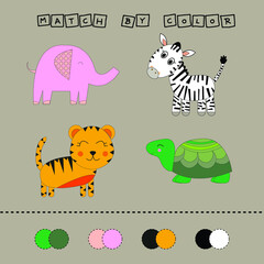 Developing activity for children -  match the  elephant, turtle, zebra, tiger by  color. Logic game for children.
