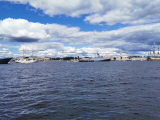 Warships, frigates and sailboats built in the Neva water area for the Day of the Navy in St. Petersburg.