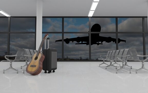 Suitcase with guitar in the airport lobby. Travel concept. 3D rendering image.