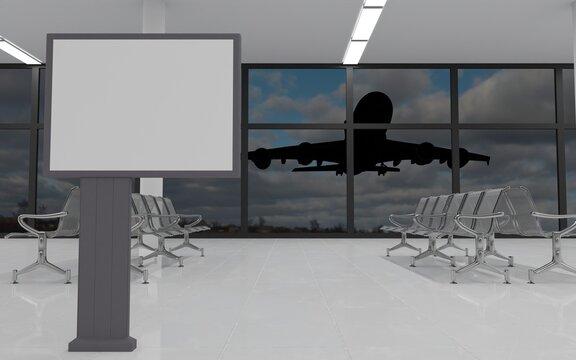 Blank advertising billboard in airport lobby. 3D rendering image.