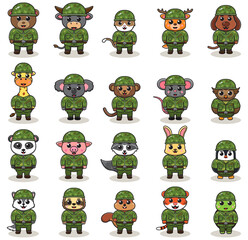 Obraz premium Cute Animal Army cartoon. Set of Animal soldiers. flat animal cartoon character design. Soldiers Isolated vector illustration.