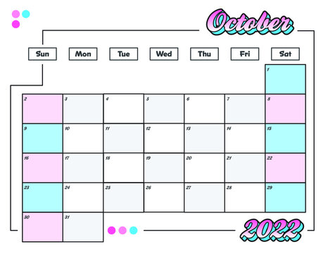 October Colorful Cute 2022 Monthly Calendar Planner Printable