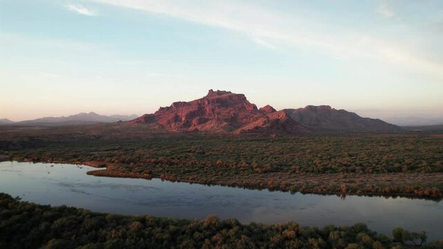 Golden Hour at Red Mountain by Phoenix Arizona with Drone Dolly Along Salt River