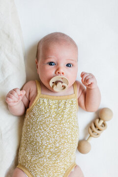 Newborn baby girl with rattle and pacifier
