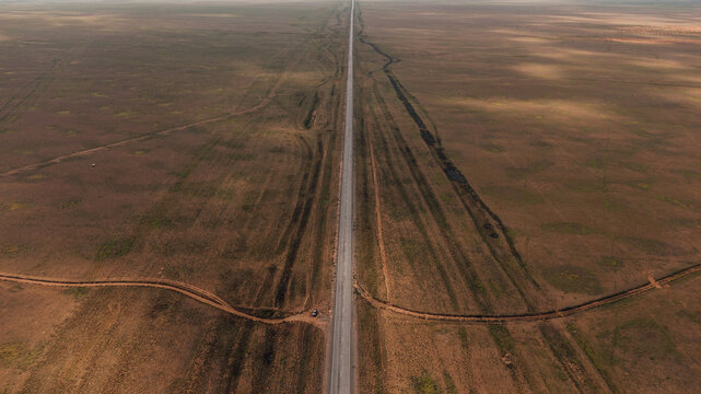 Drone view of a lonely road in steppe of Kalmykia
