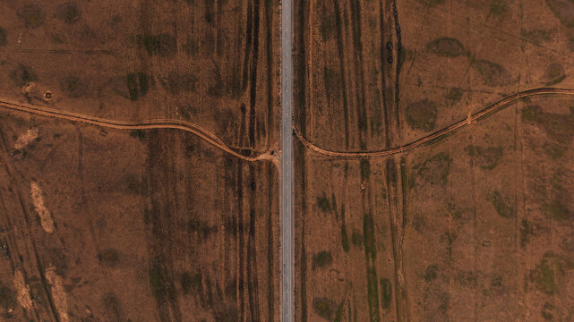 Aerial view of a crossroad in steppe of Kalmykia
